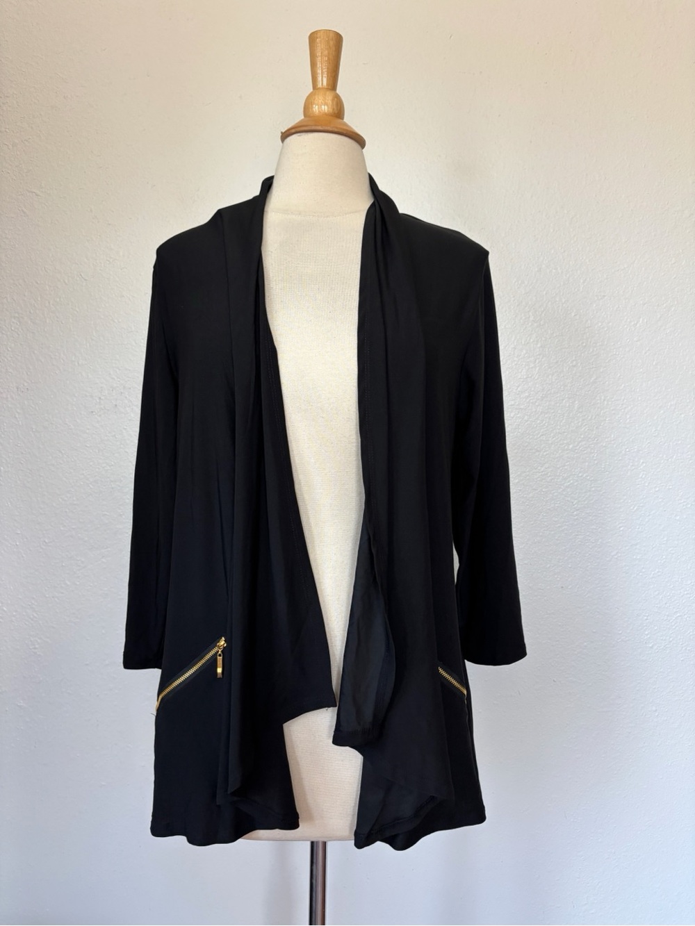 Wrapper Black Open-Front Draped Jacket with Gold Zipper Accents